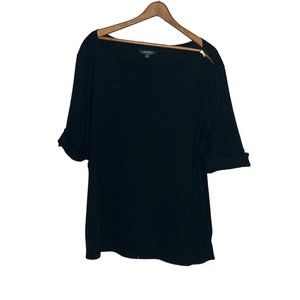 Lauren Ralph Lauren 3X Black Gold Zip Shoulder‎ Rib Knit Ribbed Shirt Top Plus